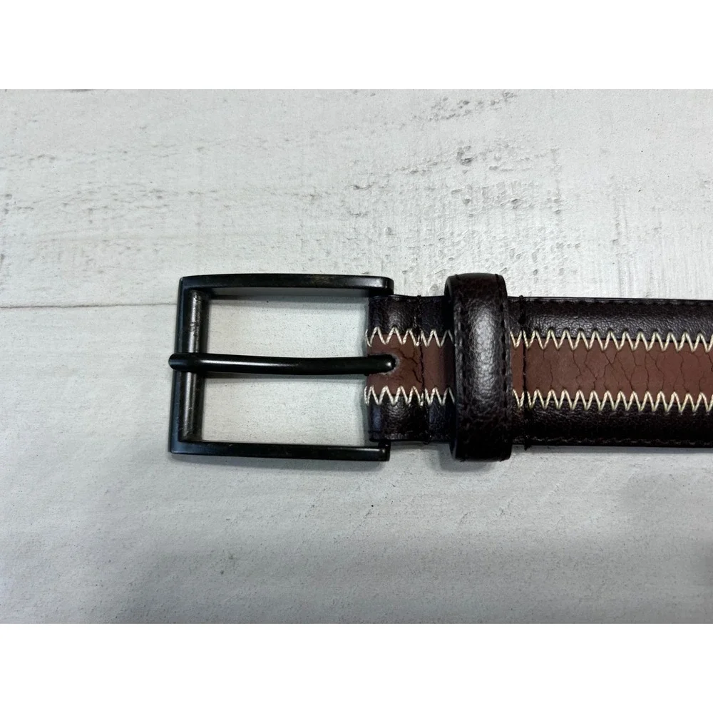 Mens Genuine Leather Two Tone Brown Zigzag Stitch Belt Size 38 018722210